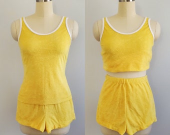 1970s Terry Cloth Tank and Shorts Set - 70s Playsuit - 70's Women's Vintage Size Small/Medium