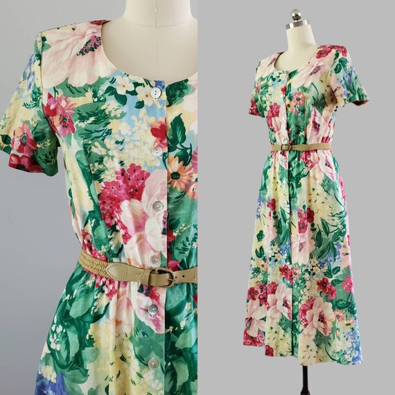 1980s Cotton Day Dress with Pockets by Bedford Fa… - image 1