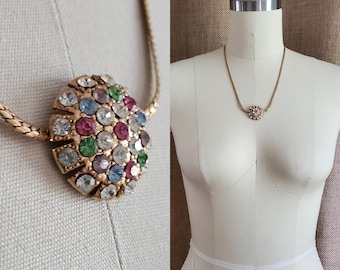 Vintage Neclace with Colorful Rhinestone Hemisphere Pendant Attached - Midcentury Style - Vintage Jewelry - Estate Jewelry