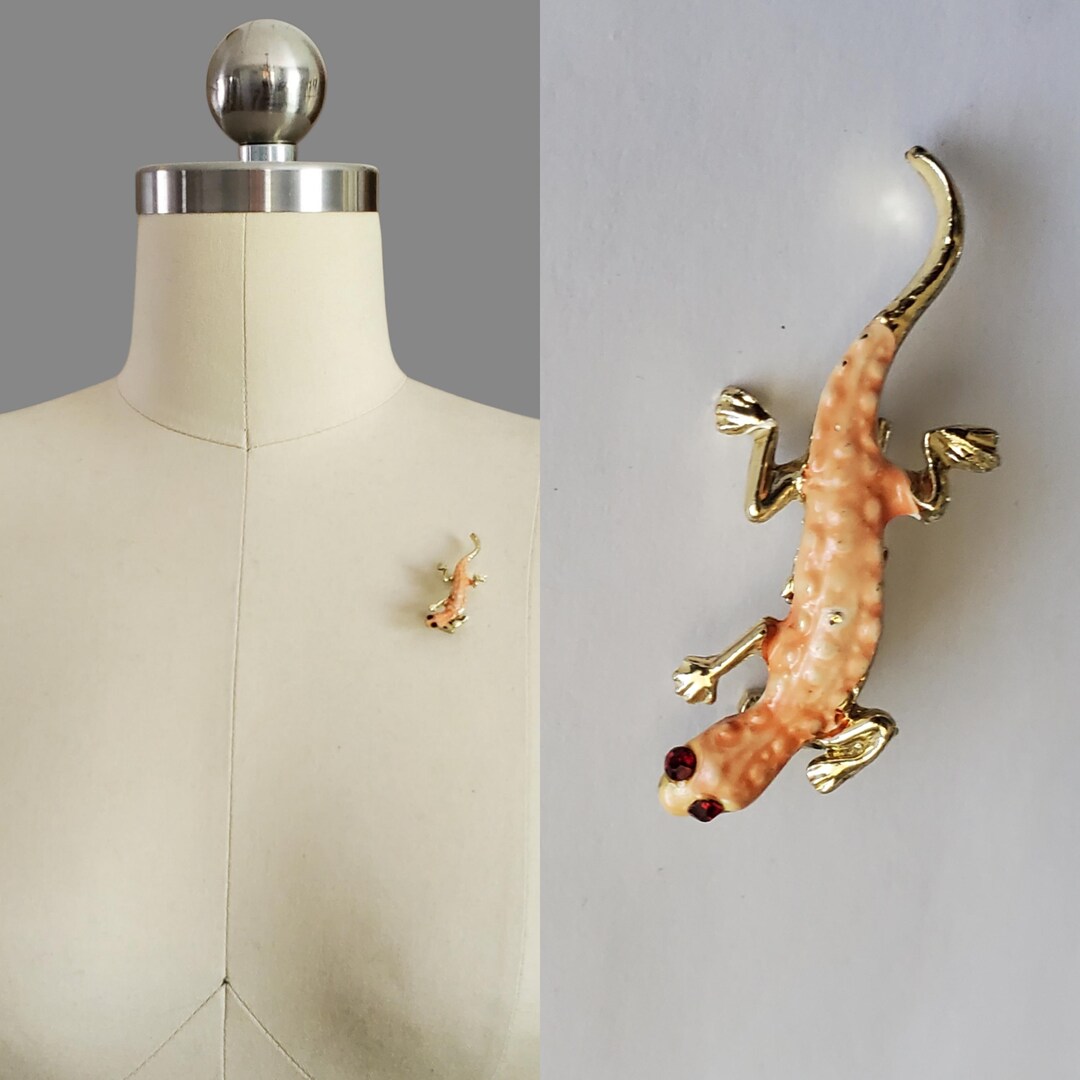 1960s Enamel Gekko Brooch Pin With Red Glass Eyes - Vintage Jewelry ...