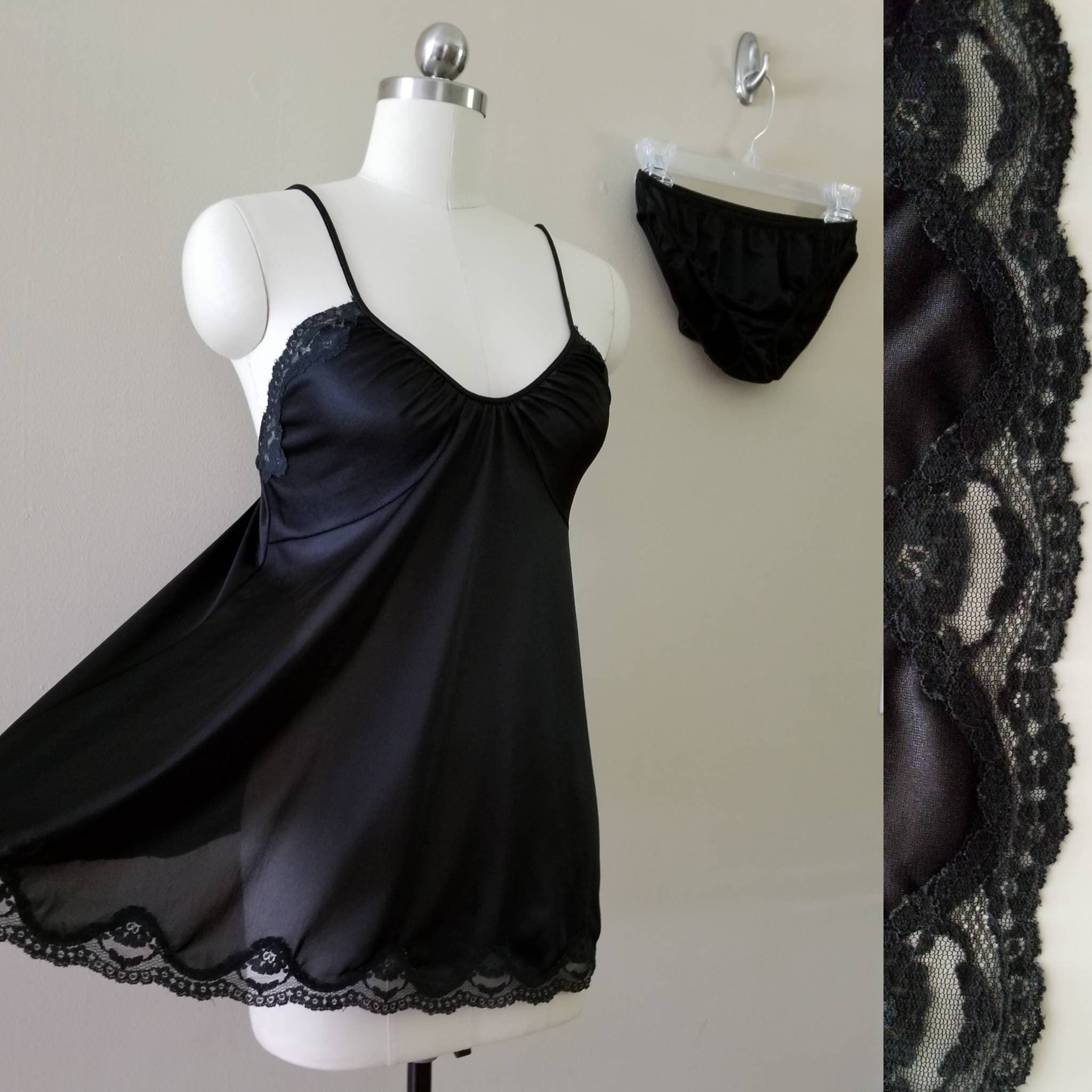 1970's 2pc Black Lingerie Set Babydoll Nightie and Hip Hugger Briefs By ...