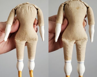 Miniature Doll Body with Painted Yellow Boots- 7" Tall- Antique Doll Parts - Collectible Dolls - Cloth Body China Dolls