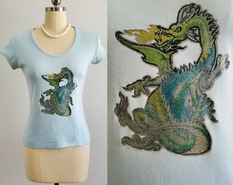 1970s Original Heat Transfer T-Shirt with Glittery Dragon - 70s T-shirt - 70s Women's Vintage Size XS/Small