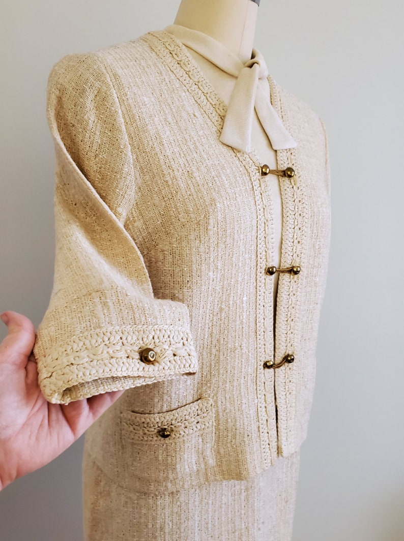 1960s Butte Knit Dress Suit with Skirt, Jacket and blouse Linen Cotton Blend 60s Dress Set 60s Women's Vintage Size Small/Medium image 6
