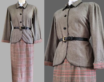 1990s Jacket and Skirt Set - Houndstooth and Plaid - 90s Dress - 90s Women's Vintage Size Medium/Large