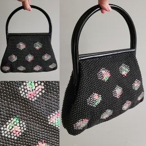 1950s Black Beaded Purse with Floral Embroidery- 50s Pinup Accessories - 50&#39;s Pocketbook