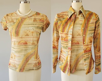 1970's Egyptian Print Twin Set Blouse and T-shirt bySalem 70s Disco Shirt 70's Women's Vintage Size Small