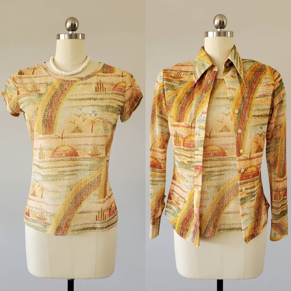 1970's Egyptian Print Twin Set Blouse and T-shirt… - image 1