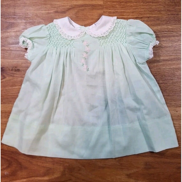 Vintage Polly Flinders Size 18 Month Embroidered Dress  Green Smocked Lace