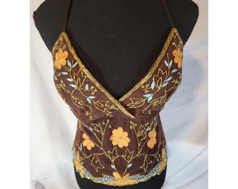 Vestido vintage Y2K con cuentas bordadas, transparente, marrón, talla L, estilo halter, espalda abierta, Fairycore