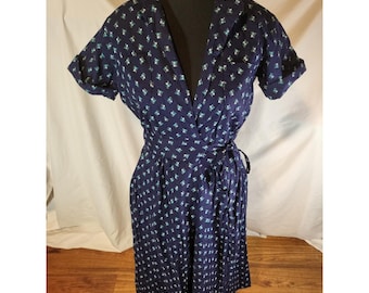 Vestido cruzado vintage Lanz Of Salzburg con estampado floral, talla XS/S, azul marino