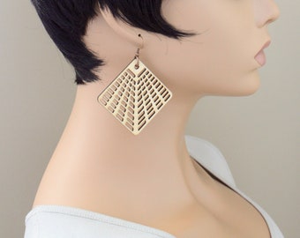 Laser Cut Wood Earrings, Diamond Web Design Laser Cut Wood Earrings