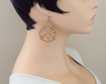 Laser Cut Wood Earrings, Flower Design Laser Cut Wood Earrings