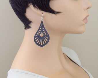 Laser Cut Wood Earrings, Geometric Leaf Design Laser Cut Wood Earrings