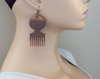 Ethnic Earrings, Afro Woman Afro Pick Hand Painted Laser Cut Wood Earrings, Statement Earrings