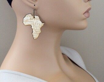 Ethnic Earrings, Natural Wood Finish Africa Engraved Laser Cut Wood Earrings, Statement Earrings