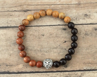 Mixed Wood Bead Bracelet: Lion Charm, Healer's Hand