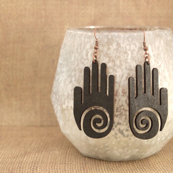 Ethnic Earrings, Native American Symbol for Healing & Protection "Healer Hands" Laser Cut Wood Earrings, Shaman's Hands, Statement Earrings