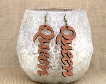 Hand Painted Laser Cut Wood Earrings: Ethnic Statement Jewelry; Queen