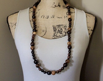 Wood Bead Necklace, Ebony & Tiger Skin Sandalwood Bead Necklace, Unisex Jewelry