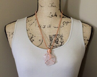 Wire Wrap Crystal Pendant Necklace, "Heart Chakra" Rose Quartz Crystal, Healing Crystal, Statement Necklace