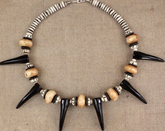 Chunky Bone Bead Necklace: Tribal Claw Statement Necklace Piece