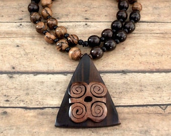 Wood Bead Necklace, Wood Bead Necklace with Adinkra Symbol Wood Pendant, Unisex Jewelry, Statement Necklace