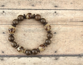 Pulsera de cuentas de madera gris: joyería elástica unisex