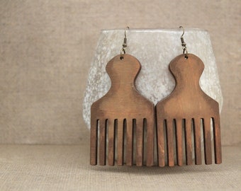 Ethnic Earrings, Afro Pick Hand Painted Laser Cut Wood Earrings, Statement Earrings