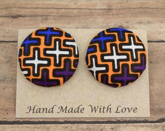 Fabric Covered Button Earrings, African Fabric Covered Button Covered  Earrings