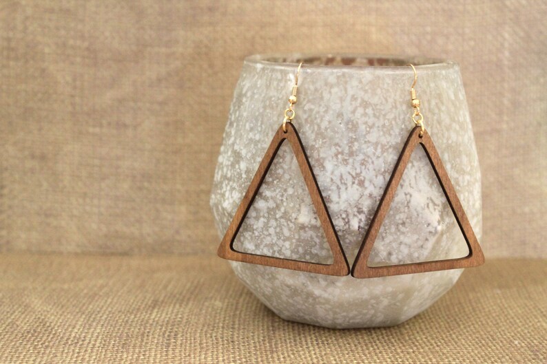 Laser Cut Wood Earrings, Triangle Laser Cut Wood Earrings image 2