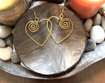 Wire Earrings, Copper, Gold & Silver Wire Earrings, Sacred Spiral Heart Shape Wire Earrings, Boho Earrings, Statement Earrings