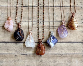 Wire Wrapped Stone Pendant Necklace: Chakra Healing Stone