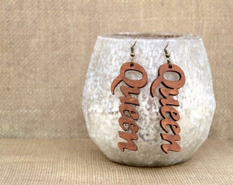 Ethnic Earrings, Horizontal &quot;Queen&#39; Hand Painted Laser Cut Wood Earrings, Statement Earrings