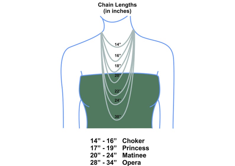 May include: Diagram showing different necklace lengths in inches, with corresponding names: Choker (14-16 inches), Princess (17-19 inches), Matinee (20-24 inches), and Opera (28-34 inches).