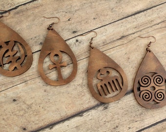 Ethnic Earrings, Africa, Adinkra & Egyptian Symbol Cutout Tear Drop Hand Painted Laser Cut Wood Earrings, Statement Earrings