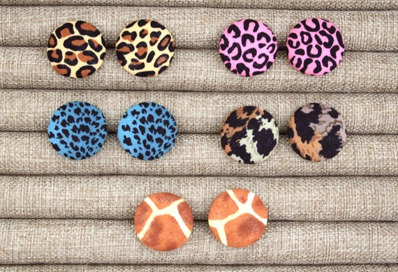 Button Earrings: Animal Print Fabric Covered Button Statement Earrings