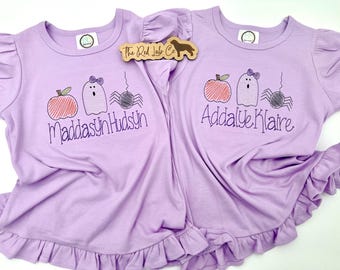 Girls Halloween Shirt, Embroidery, Spooky, Pumpkin, Ghost, Spider, Personalized