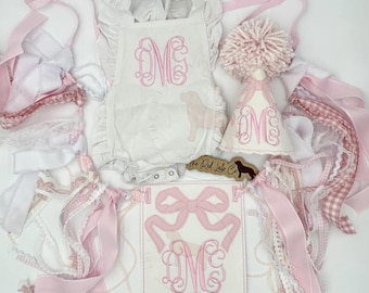 Monogram Birthday Set, Birthday Romper, Banner, Hat, Personalized Girls Shirt, Monogram, Embroidered, 1st birthday