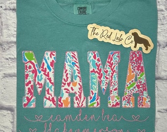MAMA Embroidered Appliqué , Gifts for Mom, Cute Mama Gift for Mothers Day, Mama Applique T-Shirt, Comfort Colors, Bright Fabric