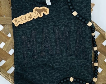 Black Monochromatic Glitter MAMA Embroidered Black Leopard Sweatshirt, black leopard, oversized, tone on tone