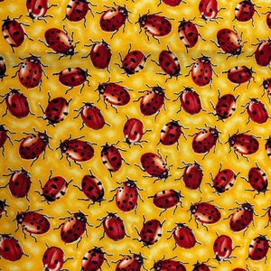 Fabric Cotton Print - Cheerful Gathering of Spring Ladybugs on a Sunny Yellow background&quot; 3 Yards X 44 Inches