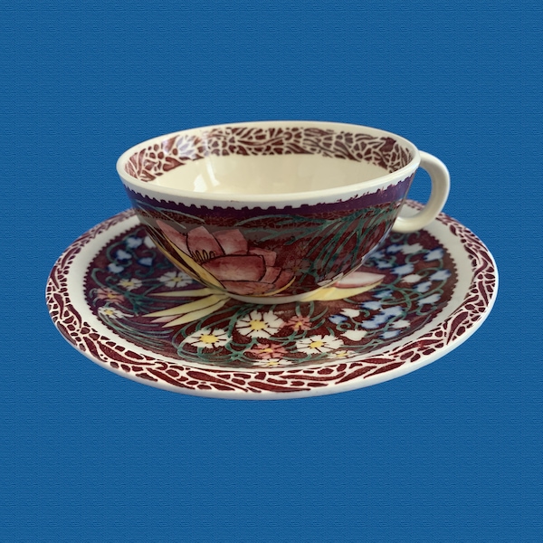 Tea Cups - Vernon Kilns Lei Lani Set of 2, Multi-Color hand tinted on burgundy transfer, Late 1930's