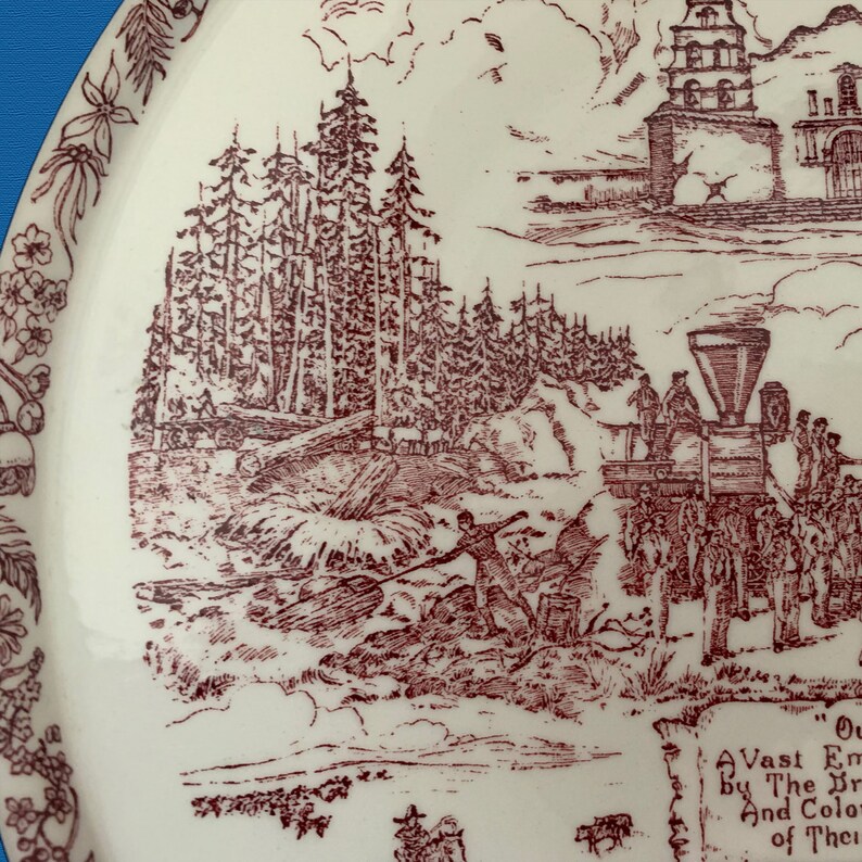 Red Color Transfer Print Commemorative Plate Vernon Kilns Our West 10.5 inches 1940/'s