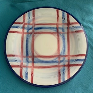 Chop Plate - Vernon Kilns Calico Plaid 14 inch Round Chop Plate. Hand Painted Red, White and Blue.