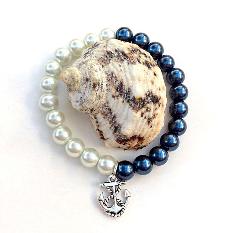 Nautical stretch bracelet with anchor charm navy and white Etsy