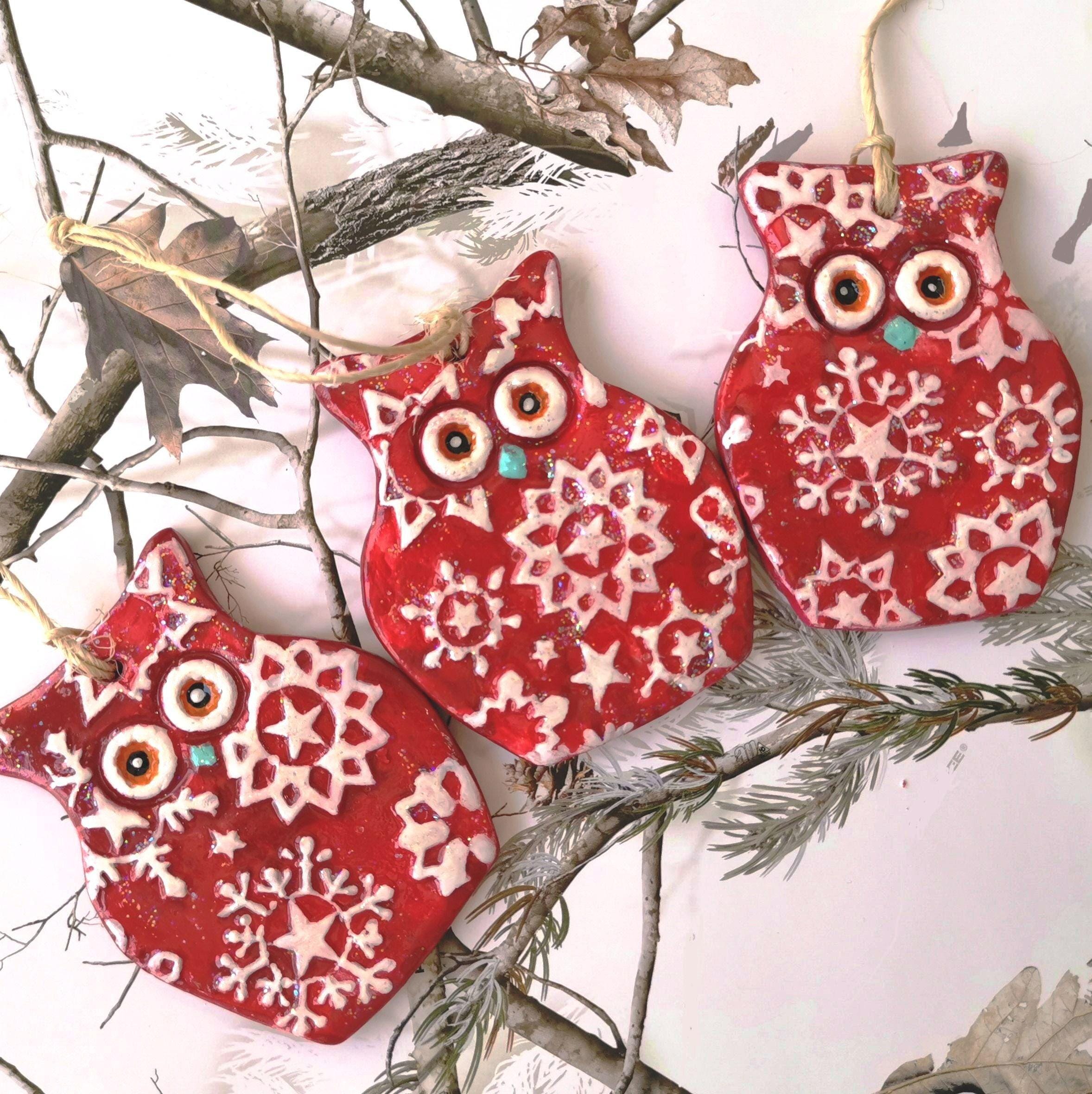 Scandinavian Christmas Owl Snowflake Ornaments, Red and White Owl Ornaments, Scandinavian Holiday Décor, Nordic Christmas Tree Decorations