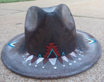 Burnished beaded fedora with hand painted under-brim