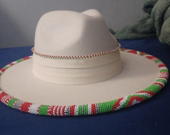 Hand beaded pattern brim wide brim felt fedora hat, one size womens (medium)