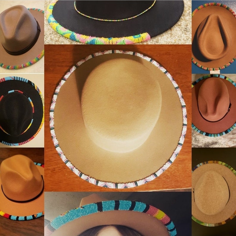 Custom Hand Beaded Wide Brim Fedora Felt Hat, seed bead 11/0, custom color/ pattern combination. hat band optional. Bild 1
